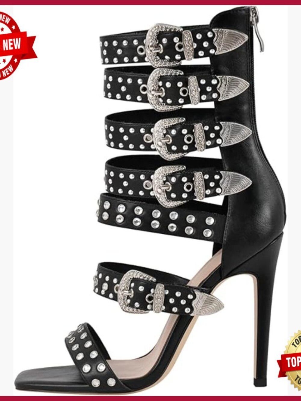 Square Toe Rhinestone Stiletto Heeled Sandal Booties 11cm